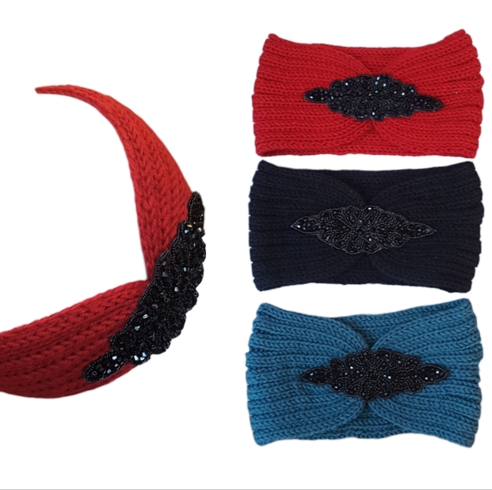 3 Pieces Set Headband Womens Winter Ear Warm Crystal Beads Turban Headwrap New